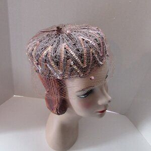 1960 Era Cocktail Hat Pill Box Style Shiny Sequins Thin Cord Zig Zag